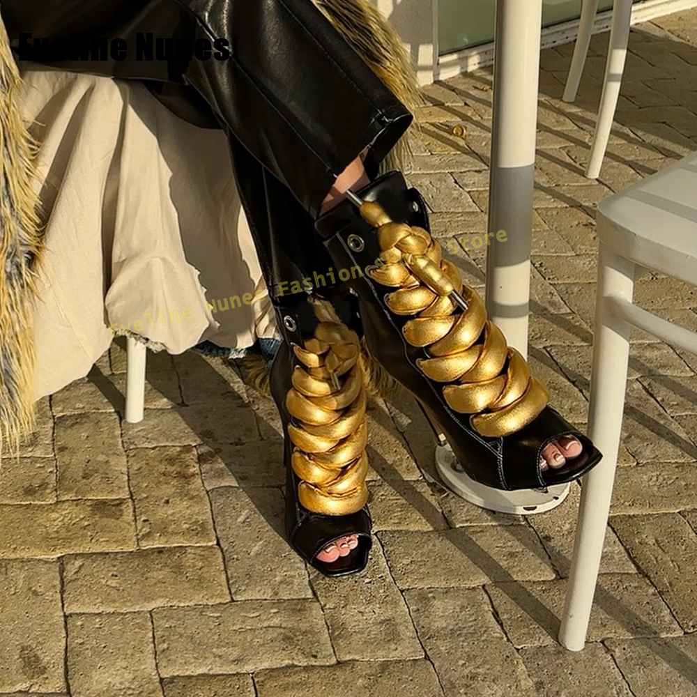 Gold Chain Sandal - Women's Black Gold Chain Decor Peep